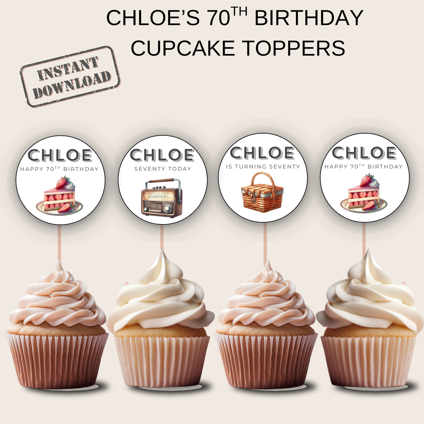 70th Birthday Cupcake Toppers Girl