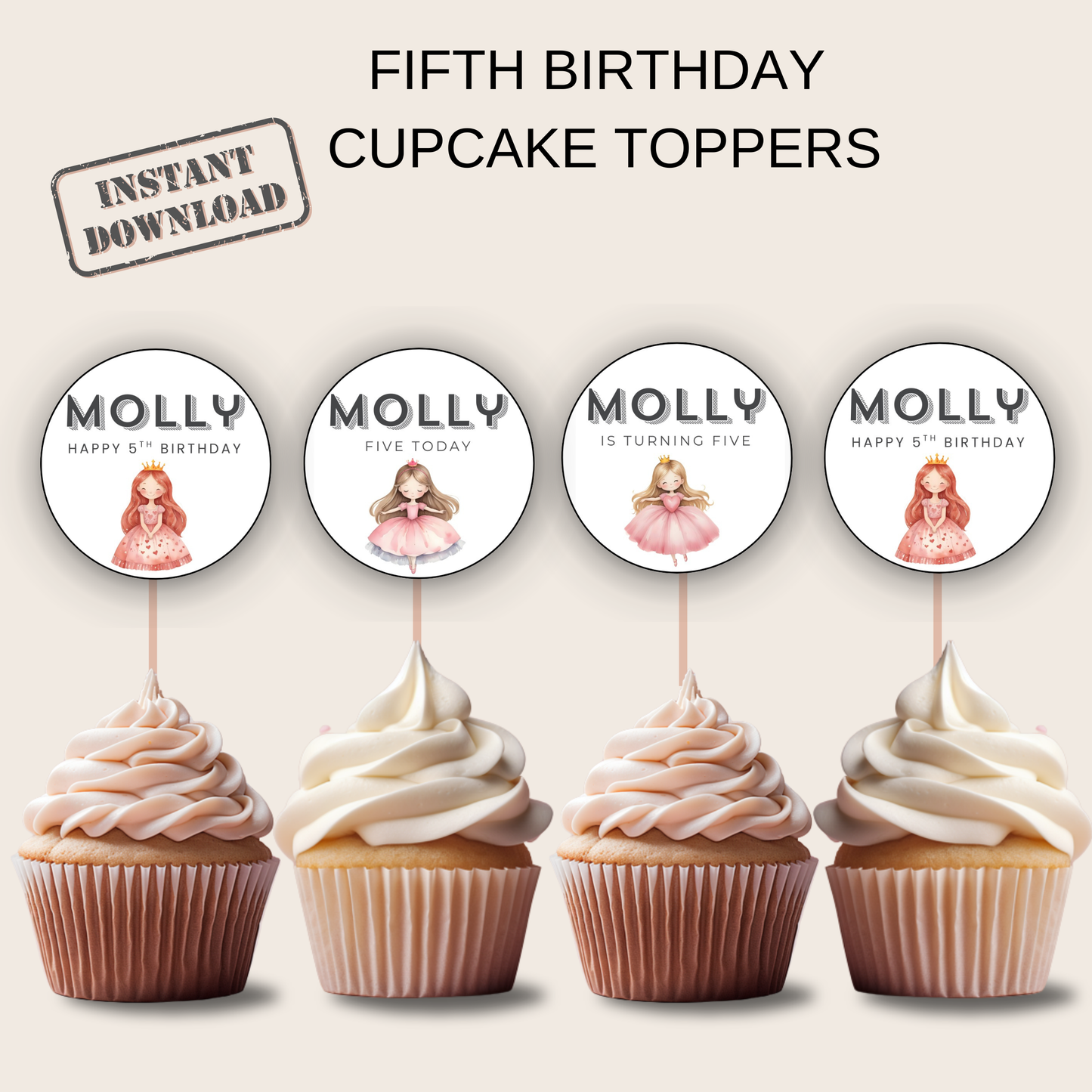 5th Birthday Cupcake Toppers Girl