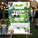 Soccer-themed party invitation on a stand with decorative lights in the background