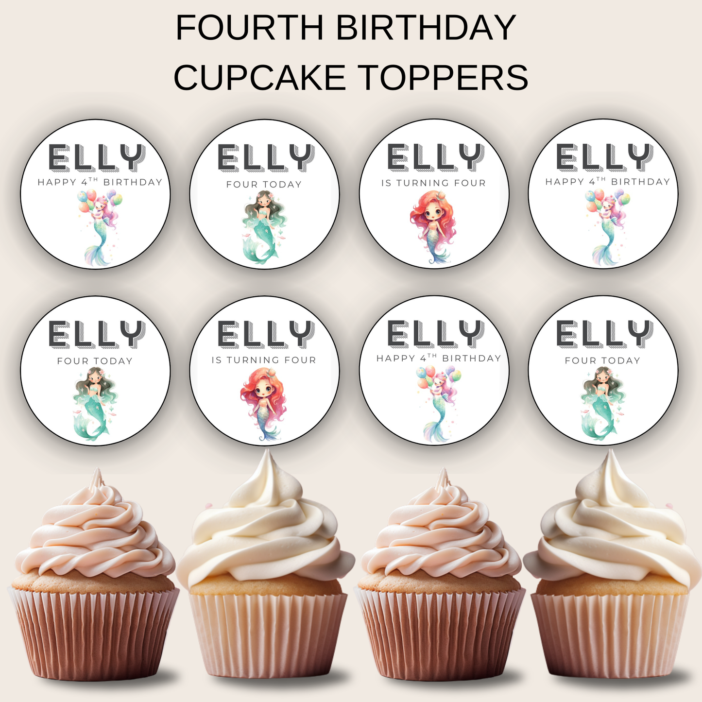 4th Birthday Party Cupcake Toppers Girl