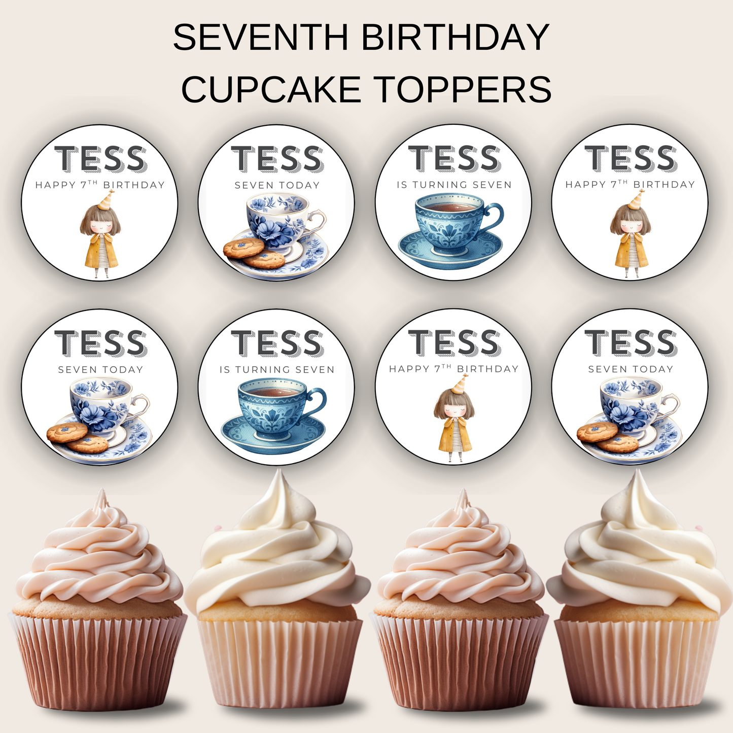 7th Birthday Cupcake Toppers Girl