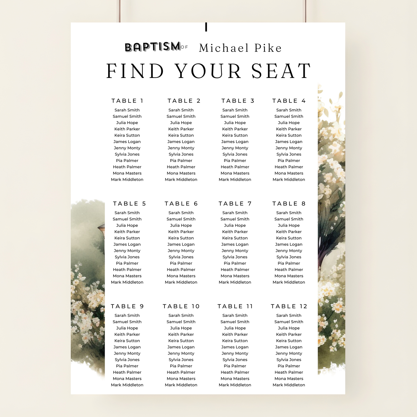 Baptism Seating Chart Male