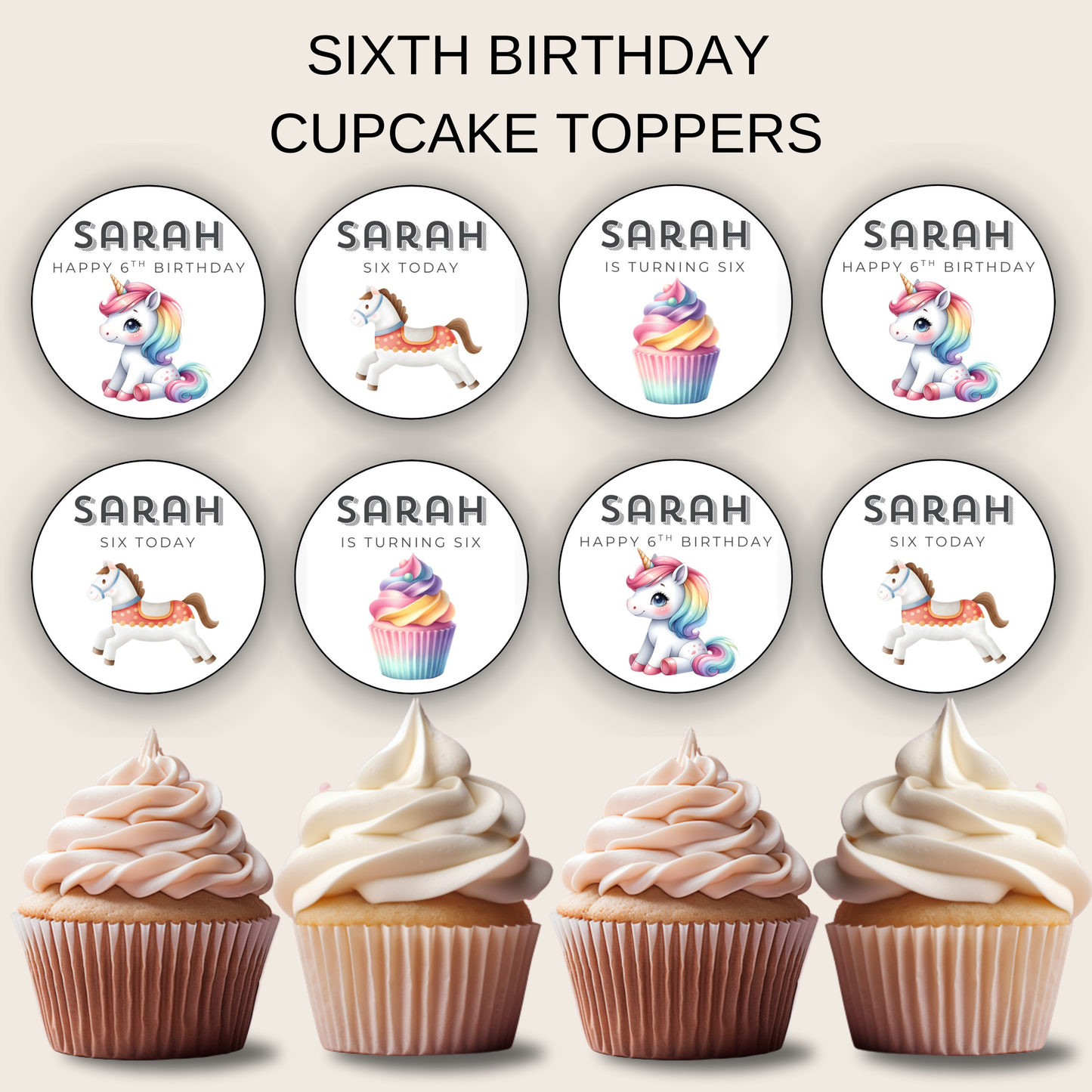 6th Birthday Party Cupcake Toppers Girl