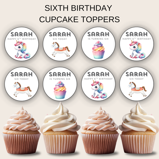 6th Birthday Party Cupcake Toppers Girl