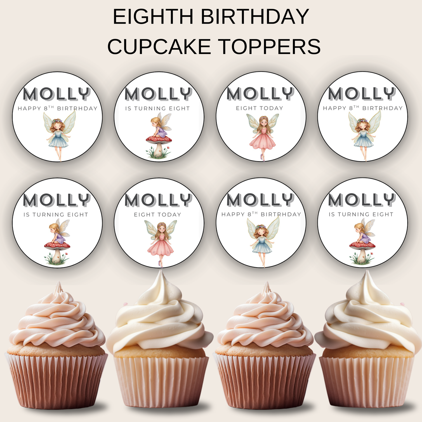 8th Birthday Cupcake Toppers Girl