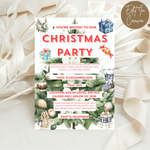 Christmas party invitation card with festive elements on a white background