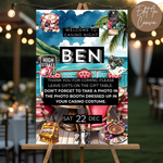 Casino-themed event invitation with 'Ben' on a stand outdoors.