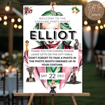 Party invitation poster for a costume event with 'ELLiot' on an easel outdoors.
