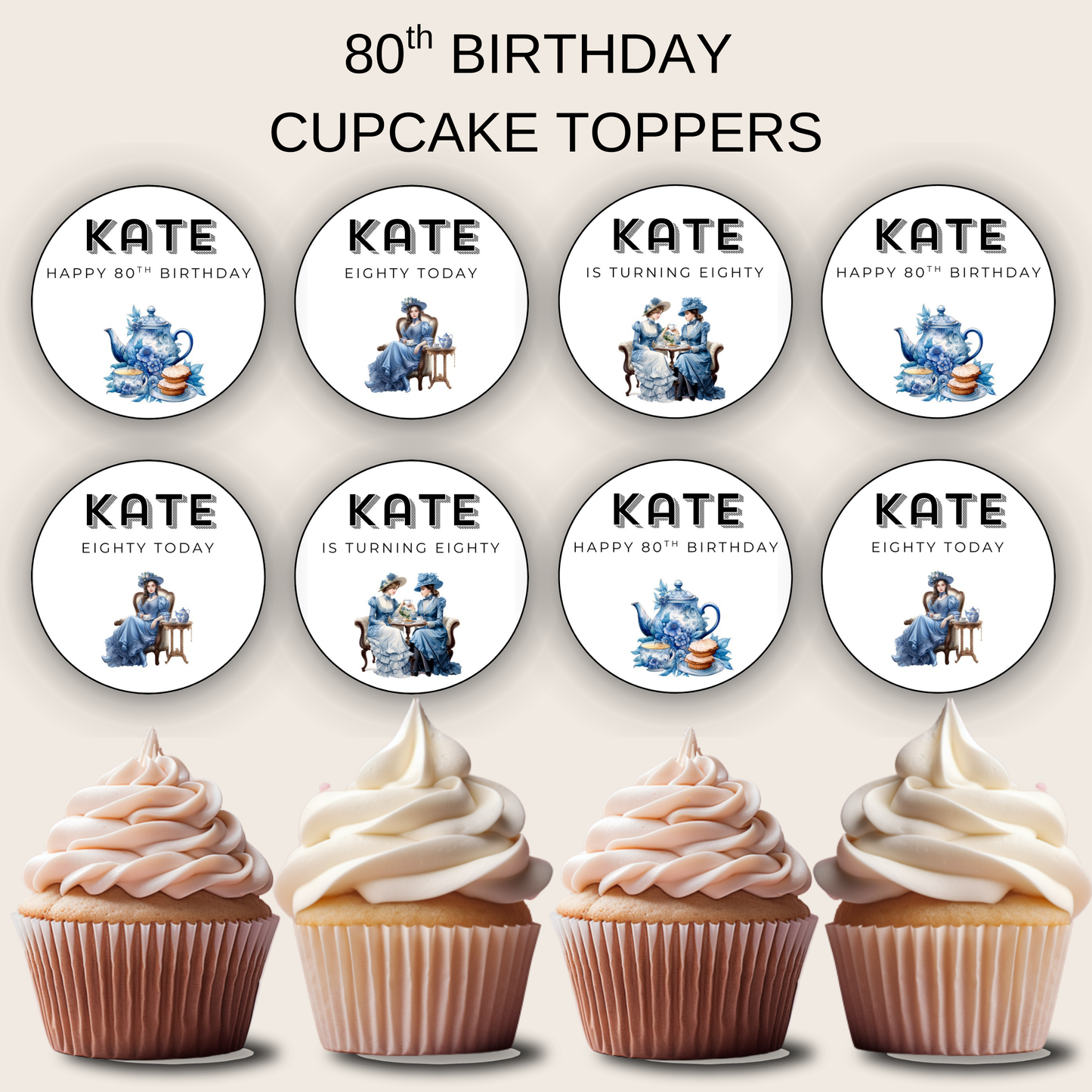 80th Birthday Cupcake Toppers Girl