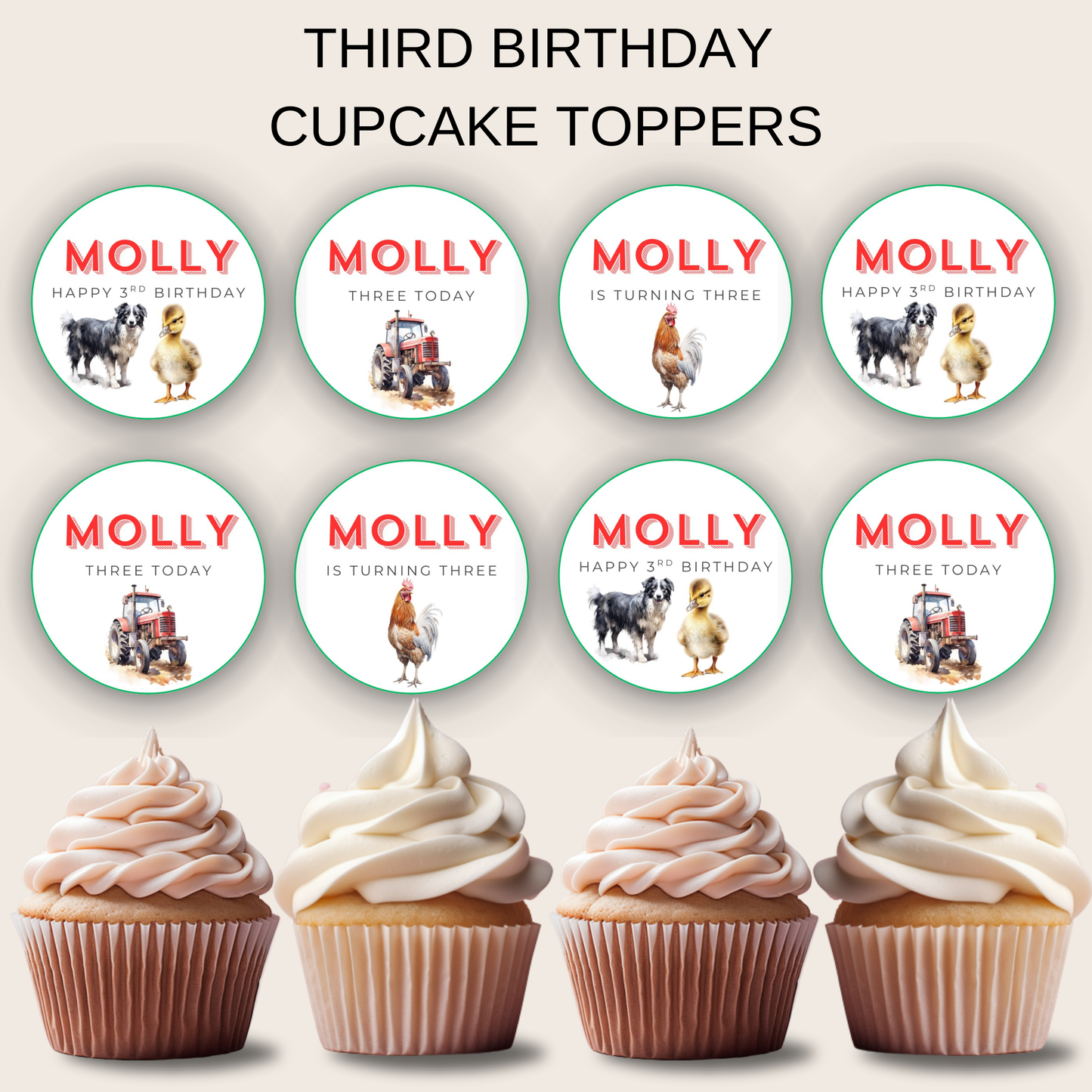 3rd Birthday Cupcake Toppers Girl