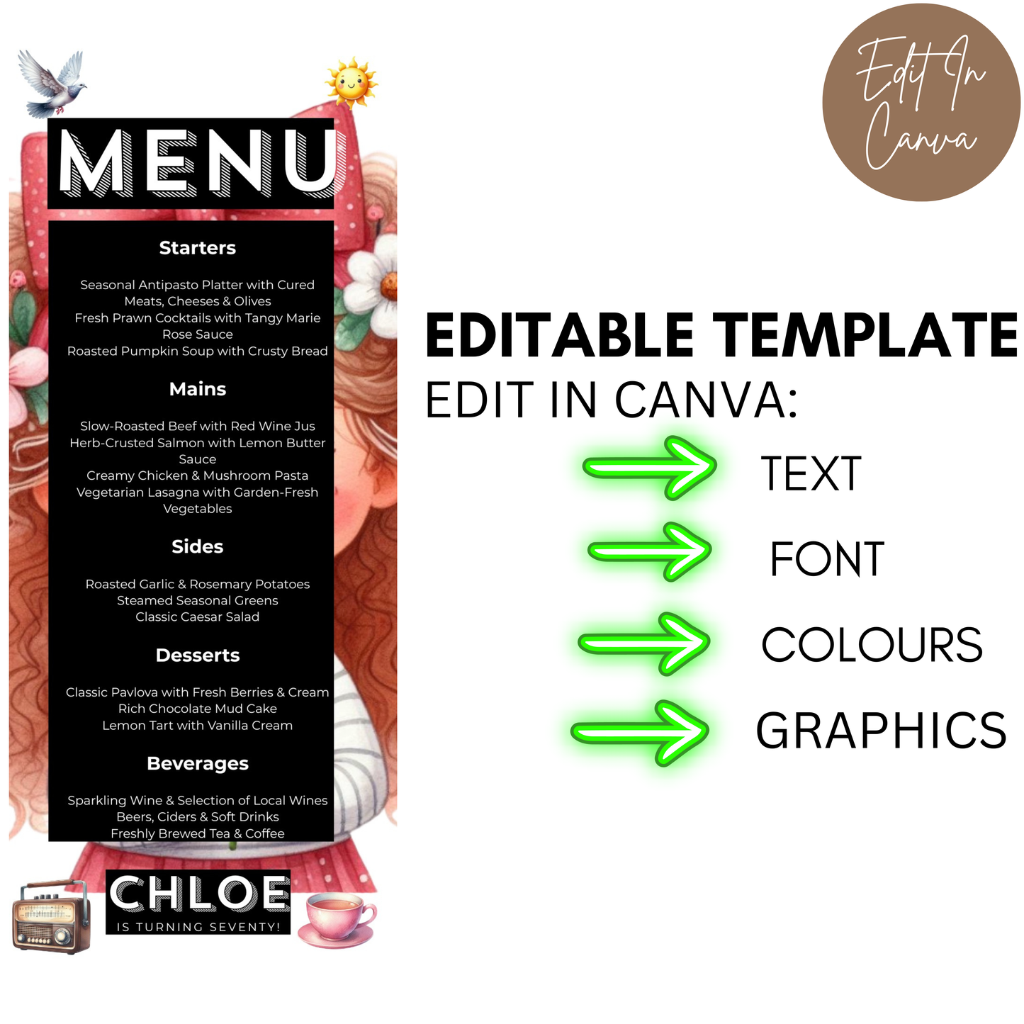 70th Birthday Menu Female