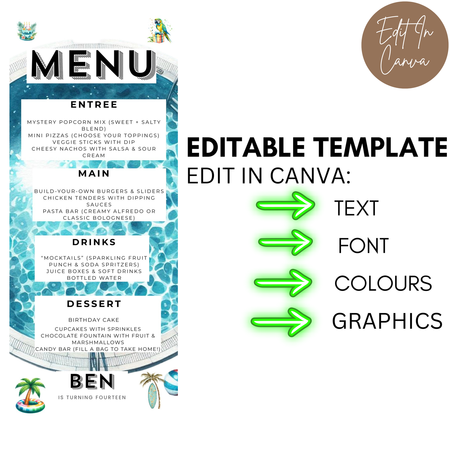 14th Birthday Menu Male