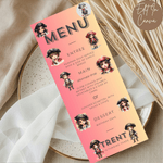 Children's menu with cartoon characters on a pink background, placed on a white plate with a beige napkin.