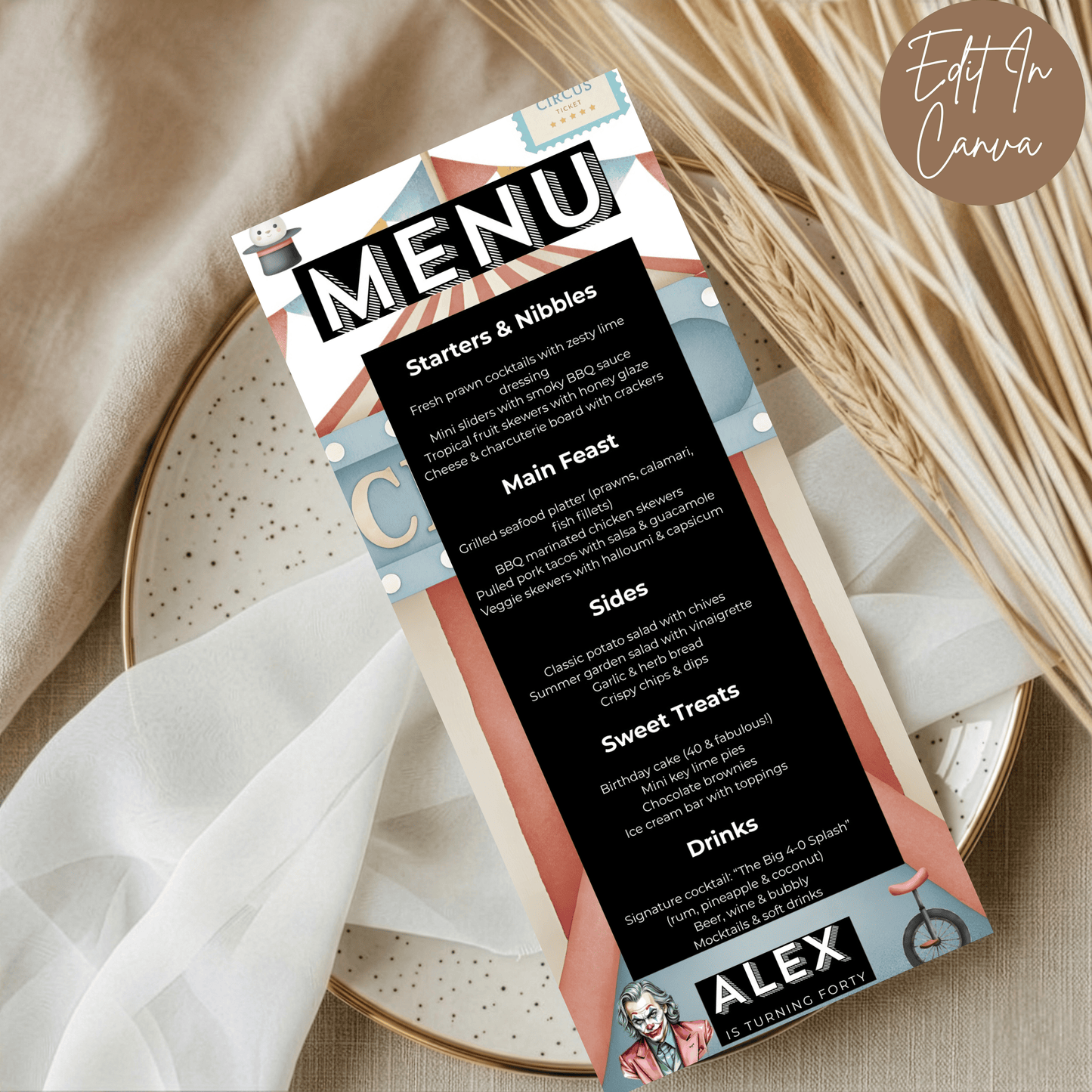 40th Birthday Menu Male