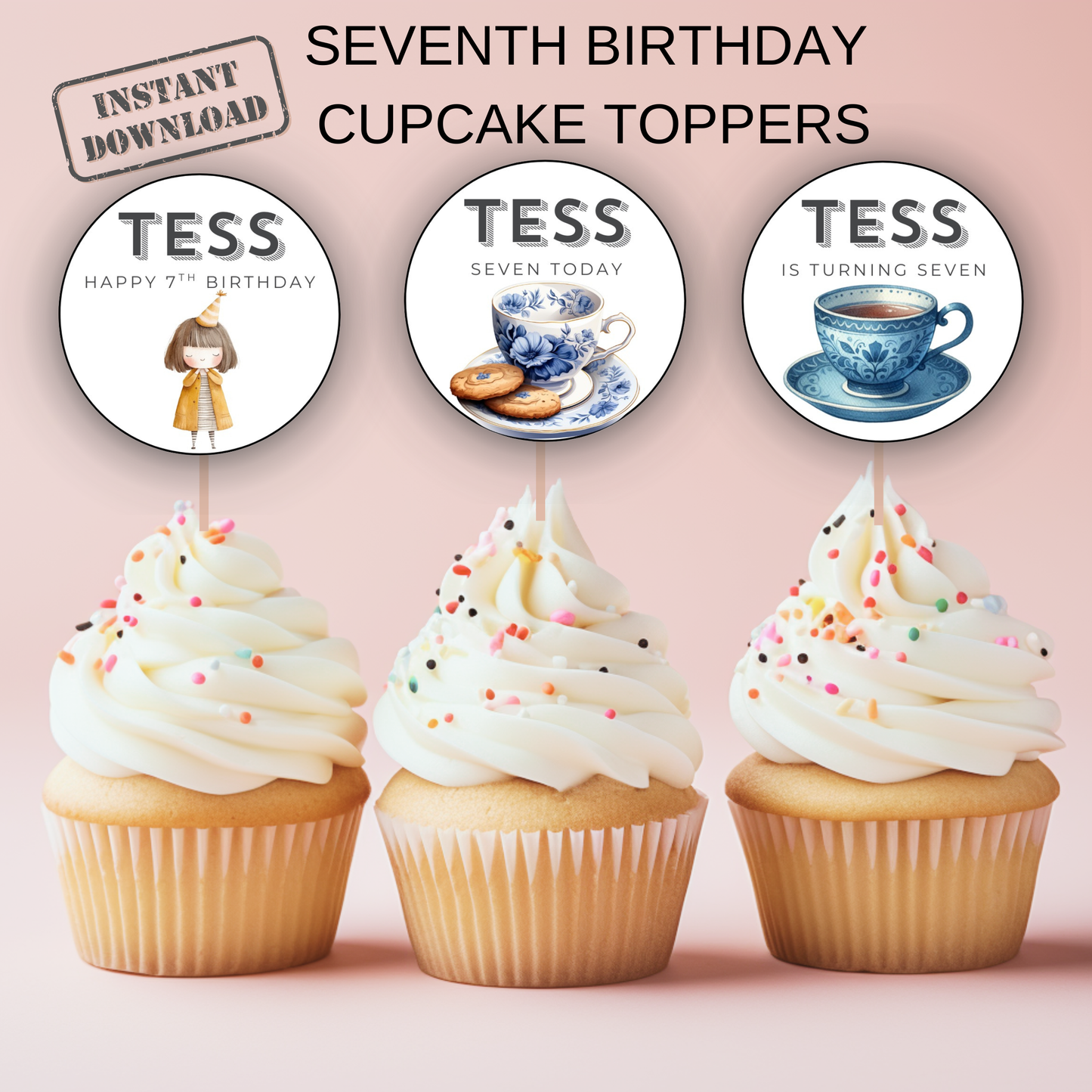 7th Birthday Cupcake Toppers Girl