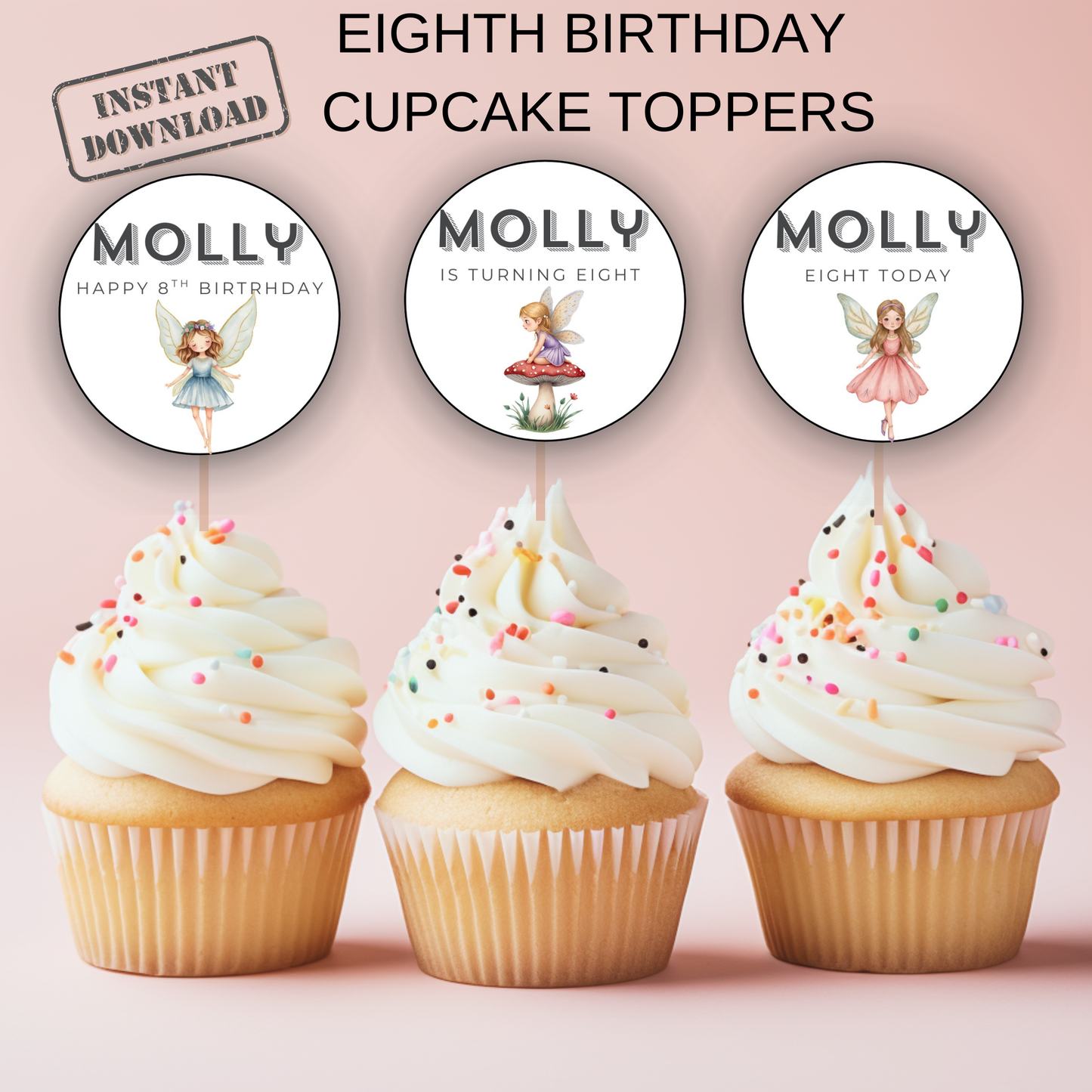 8th Birthday Cupcake Toppers Girl