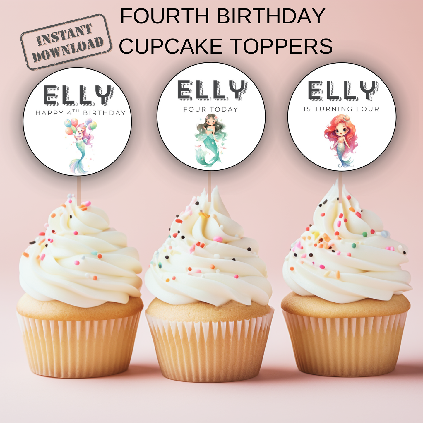 4th Birthday Party Cupcake Toppers Girl
