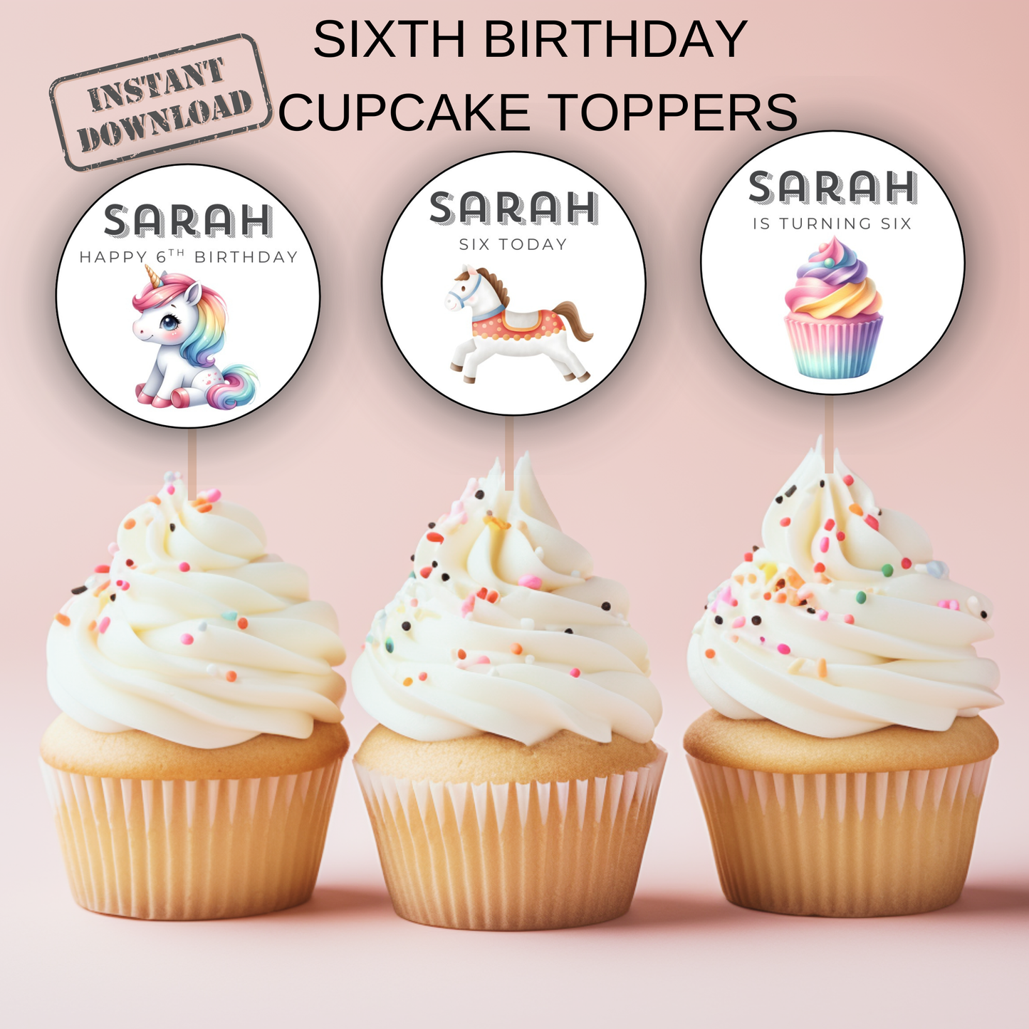 6th Birthday Party Cupcake Toppers Girl