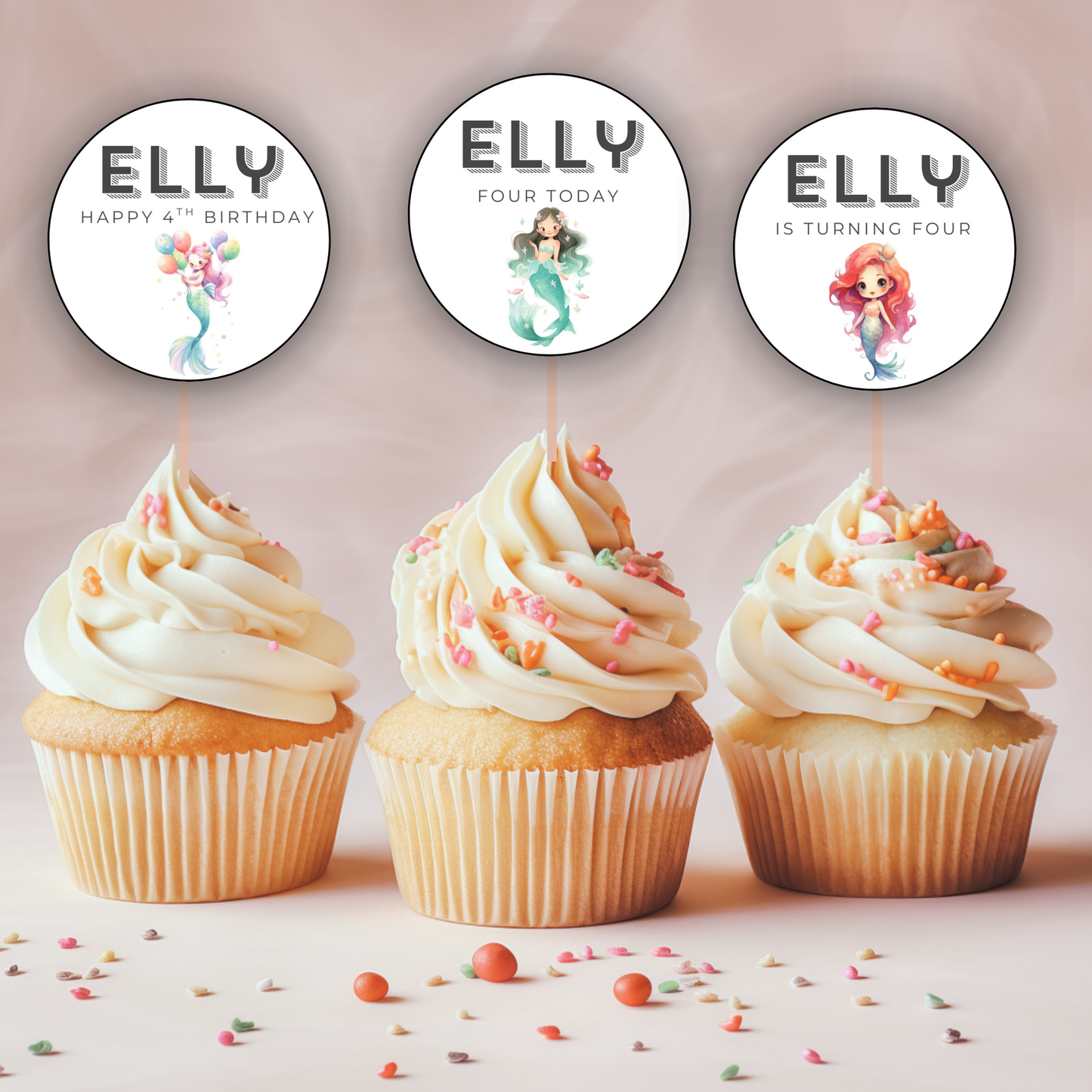 4th Birthday Party Cupcake Toppers Girl