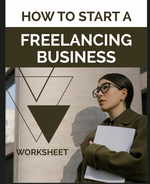 Promotional image for a freelancing business worksheet, featuring a young woman in business attire with the text 'HOW TO START A FREELANCING BUSINESS' and the logo of the worksheet creator, VWORKSHPE.