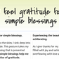 A poster with a white background featuring the text 'I feel gratitude for simple blessings' in various fonts and sizes, with a gold heart symbol at the bottom.