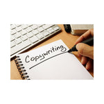 A person's hand writing the word 'COPYWRITING' on a lined notebook with a computer and writing instrument nearby.