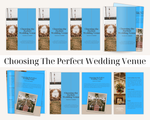 Multiple brochures titled 'Choosing The Perfect Wedding Venue' with images of venues.